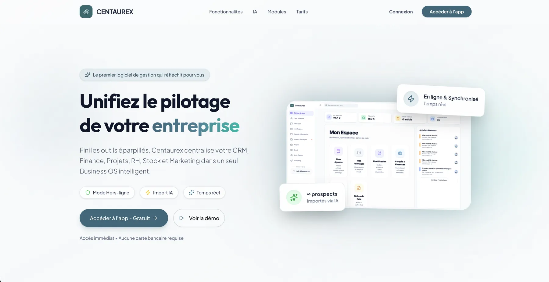 Centaurex : page d'accueil et espace unifié de pilotage