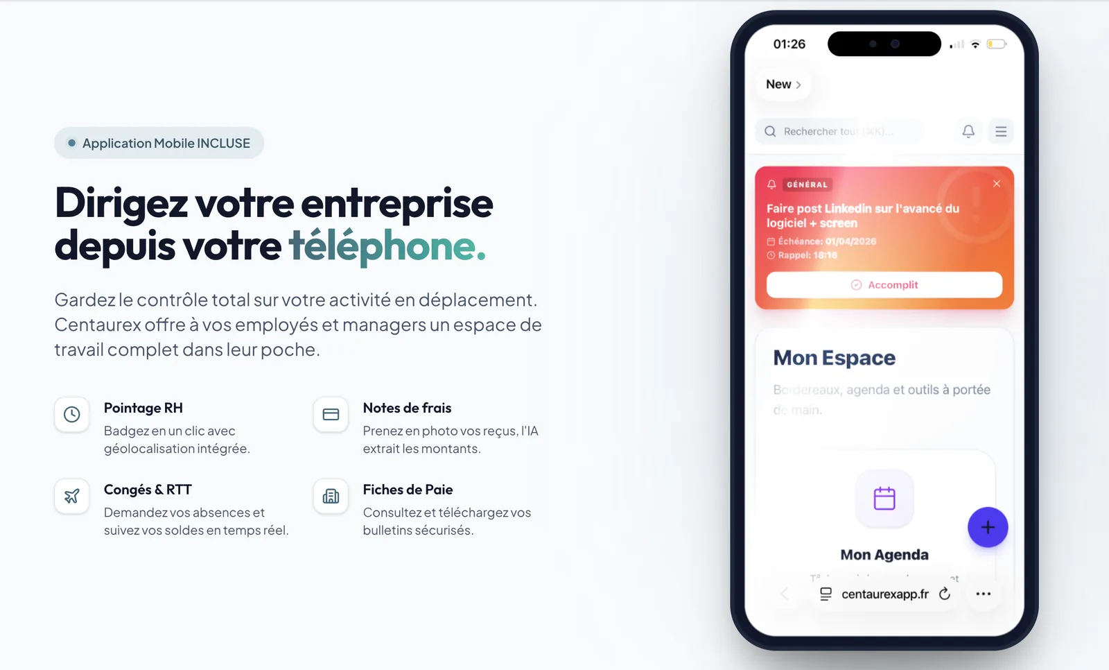 Application mobile Centaurex : espace, agenda et alertes métier