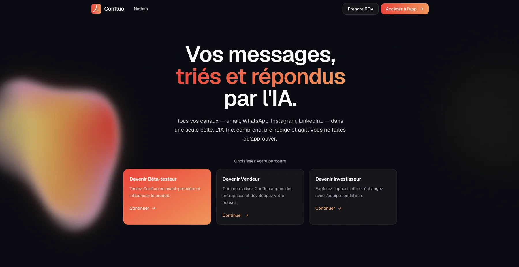 Page d'accueil Confluo, positionnement inbox et IA
